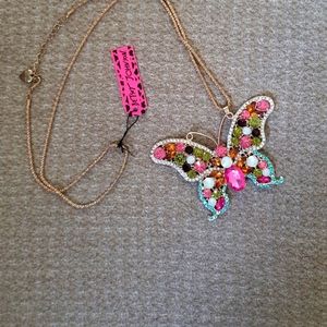 Betsey Johnson jewel encrusted gold tone butterfly statement necklace